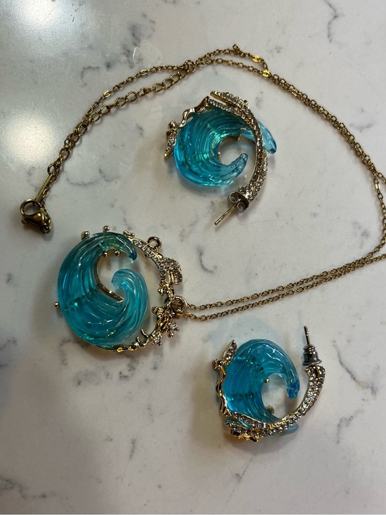 Jewelry - Blue Wave Gold-Tone Necklace and Earring Set with Blue Wave Resin Accents